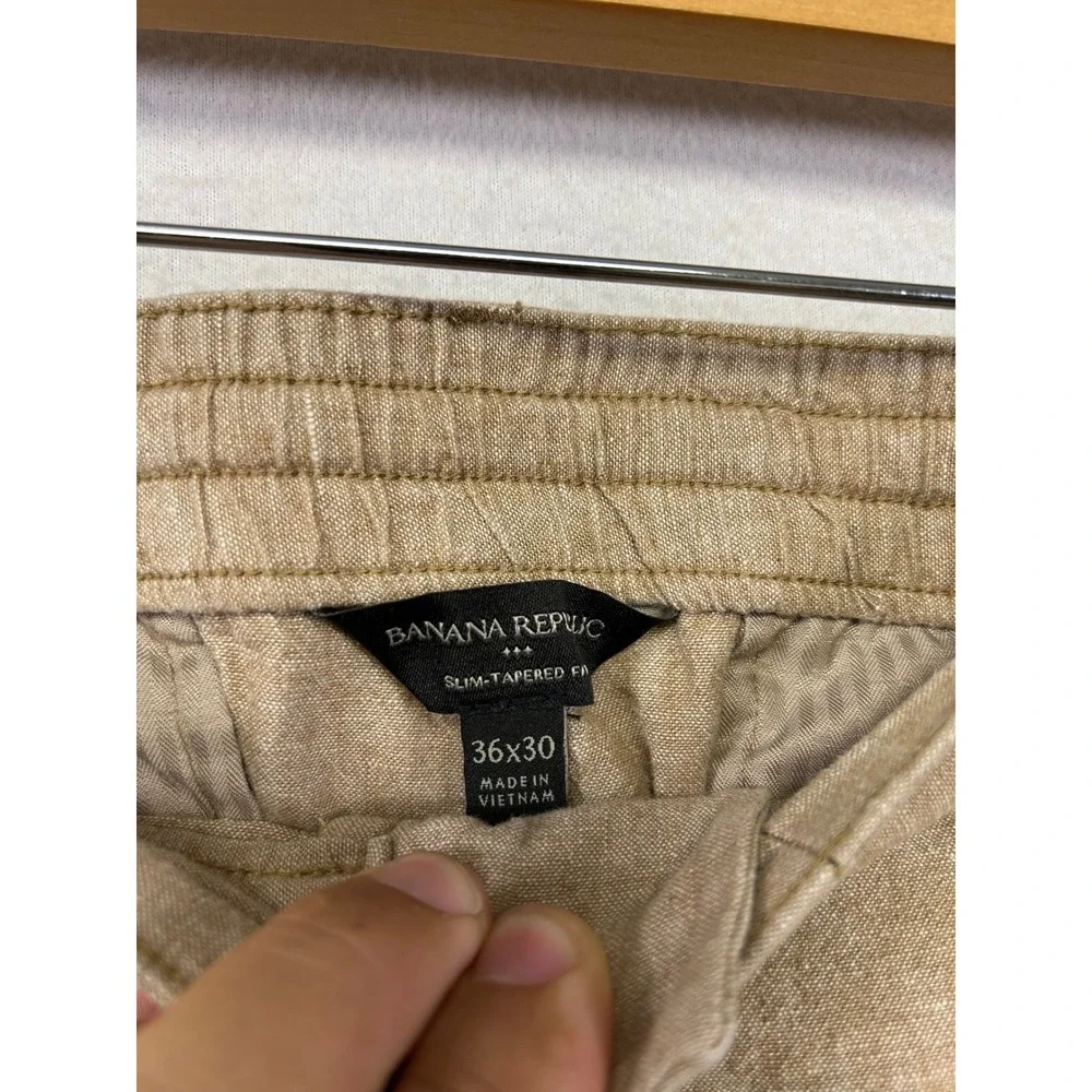 Coastal Old Money Banana Republic Mens 36x30 Tan Linen Blend Slim Tapered Pants
